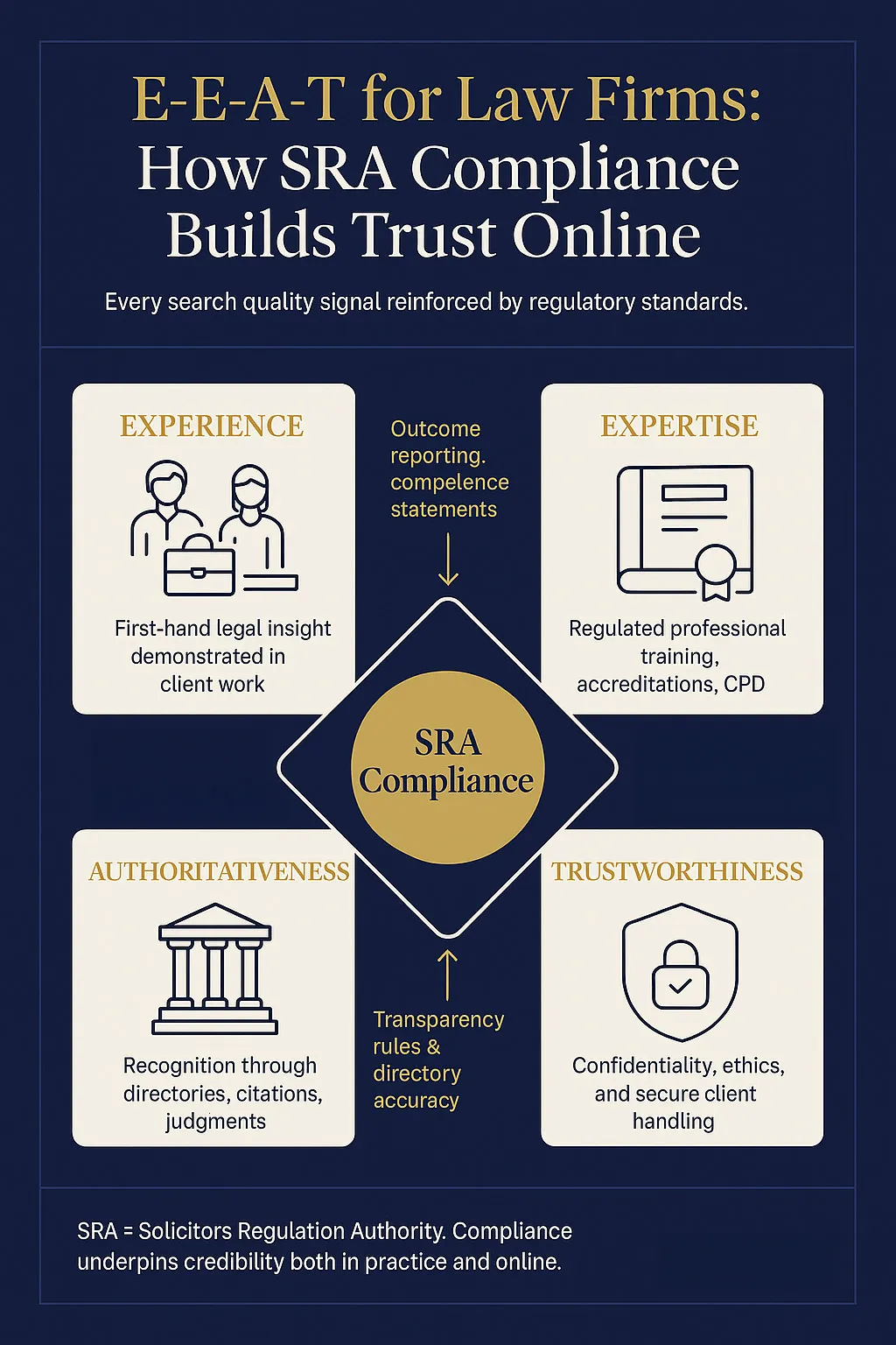 E-E-A-T framework for law firms showing SRA compliance supporting each element.