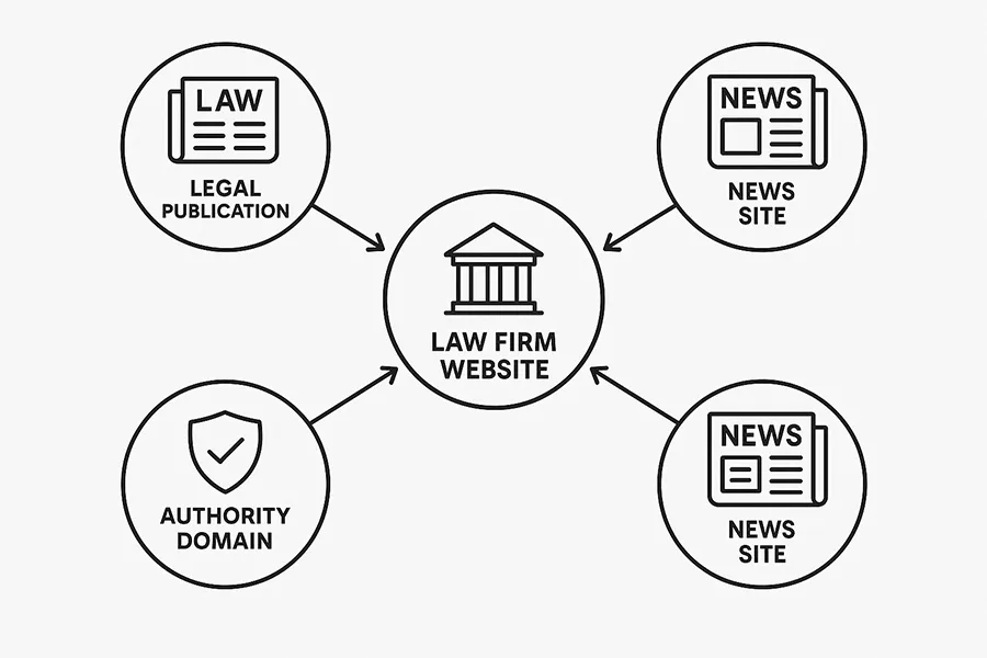 Network diagram showing legal publications and authority domains building digital authority for law firms through strategic PR and link building