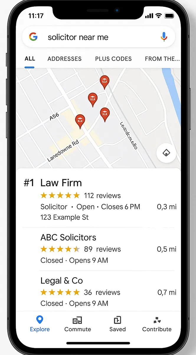Google Maps interface showing law firm local search results and local SEO dominance for solicitor near me searches