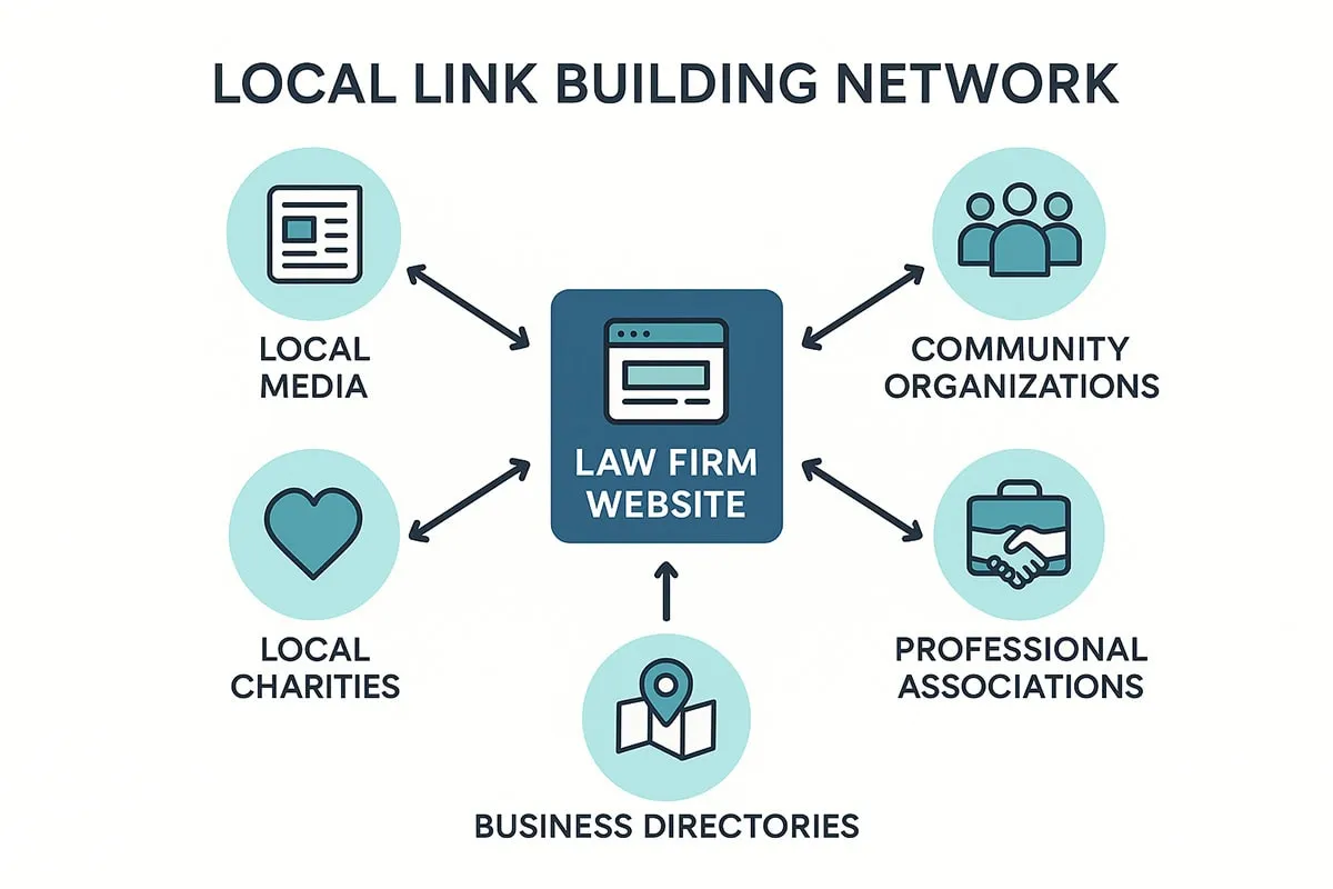 Local Link Building Network diagram showing connections between law firm website and local authority sources like community organizations, local media, and professional associations