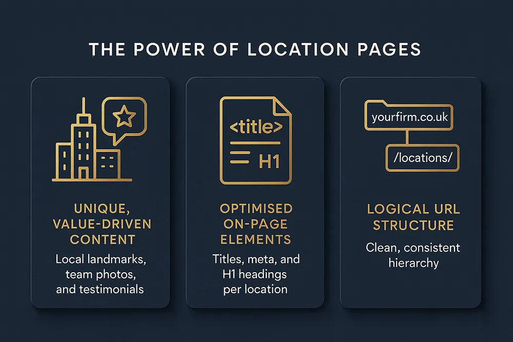 Location Page Template mockup showing an optimized location page with local content, team photos, Google Maps integration, and location-specific testimonials