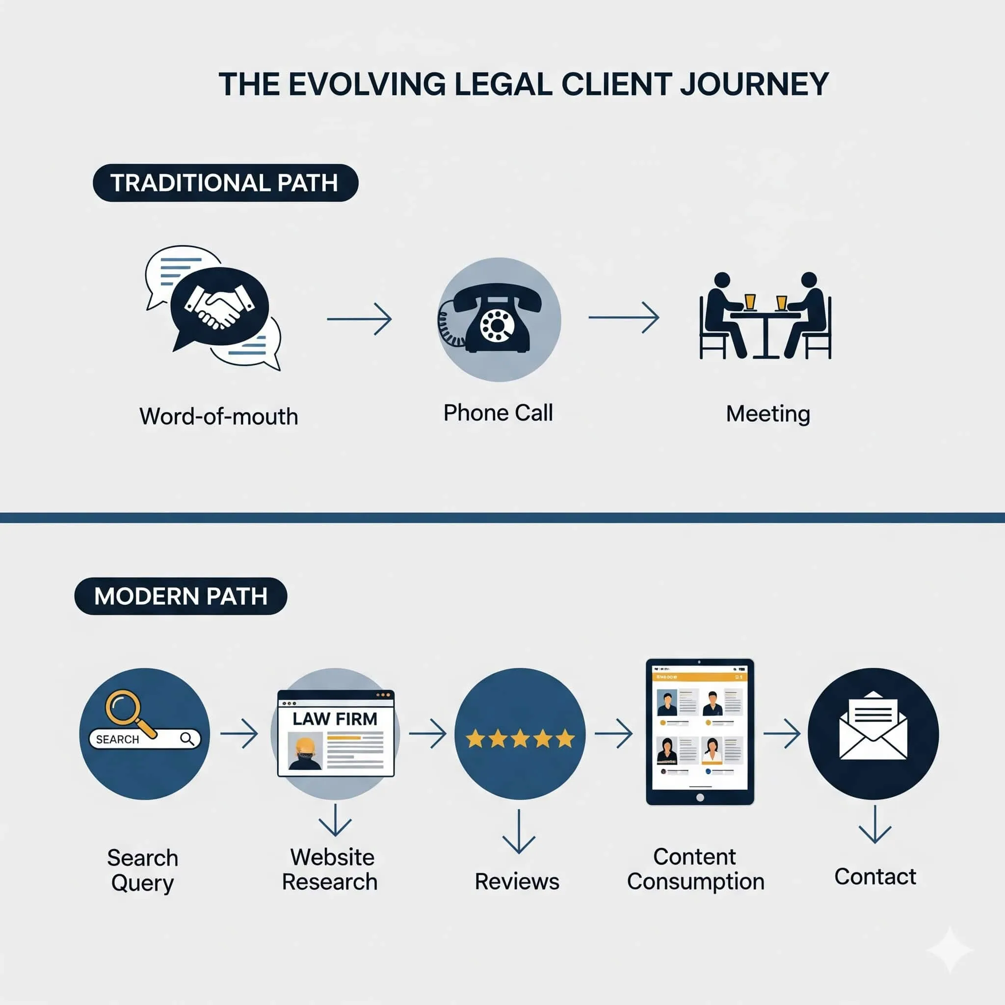 Modern legal client journey - from search to selection showing how clients research law firms online