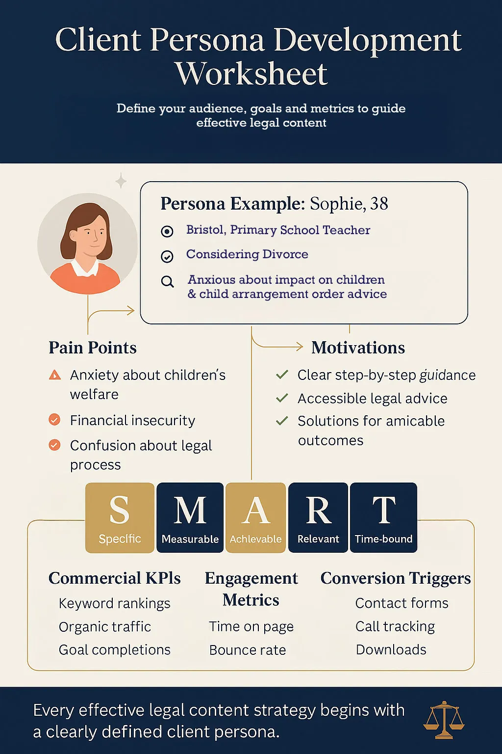 Client persona worksheet for law firms showing demographics, pain points, goals, and key metrics.
