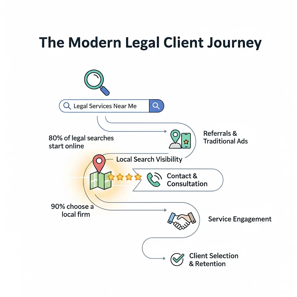Modern Legal Client Journey infographic showing the path from initial search query to client selection, highlighting the critical role of local search visibility in attracting potential clients