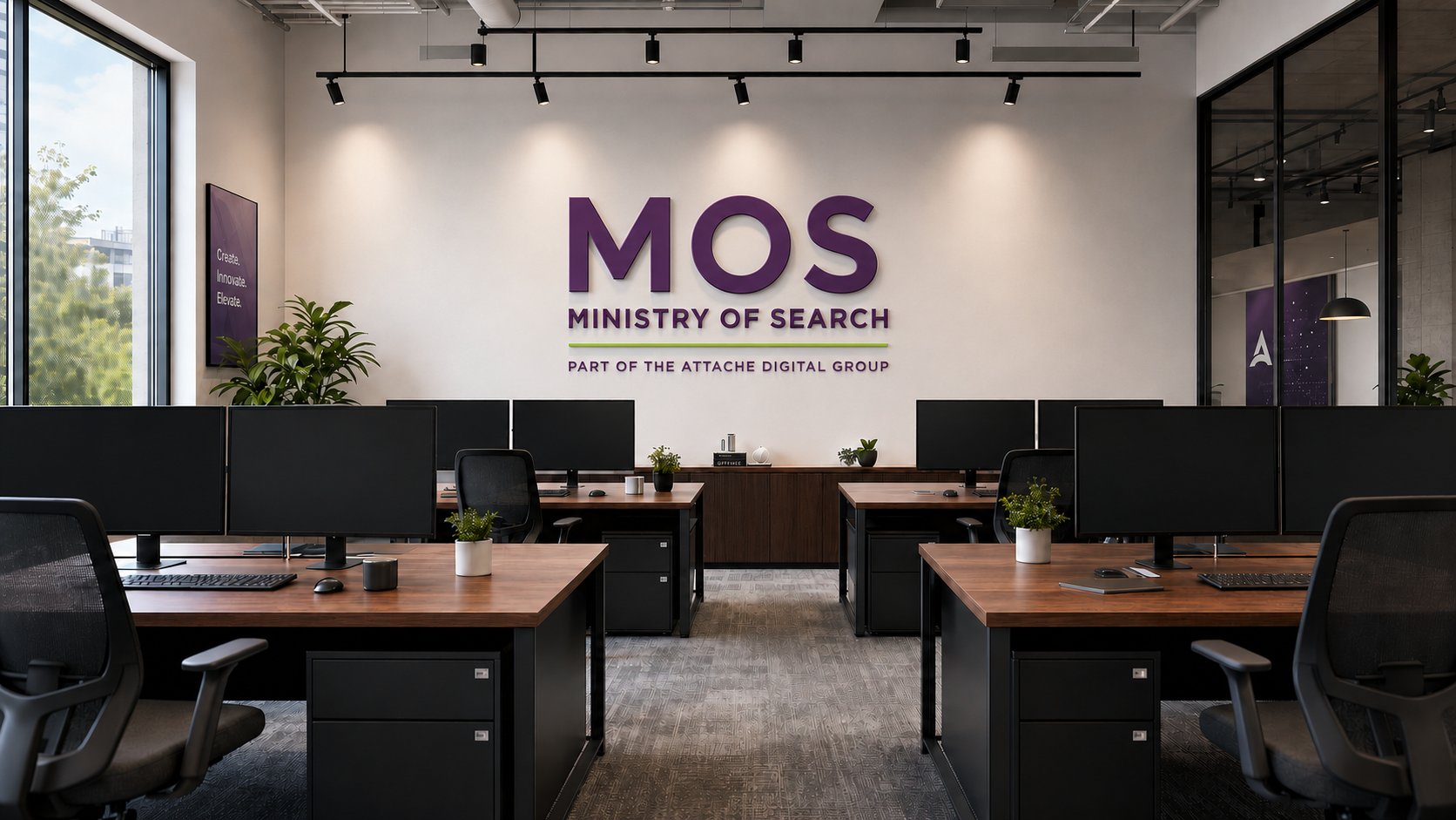 The Ministry of Search office in Portsmouth, with open-plan desks and natural light from floor-to-ceiling windows