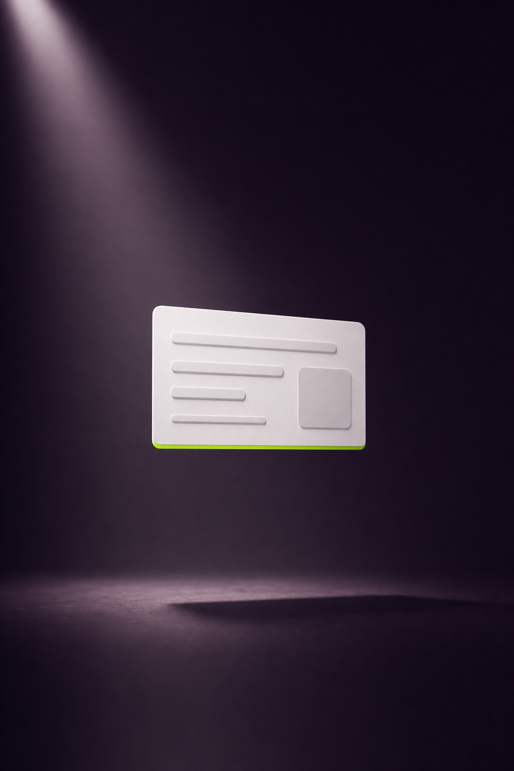 A single spotlight illuminating a floating answer card against a deep purple background