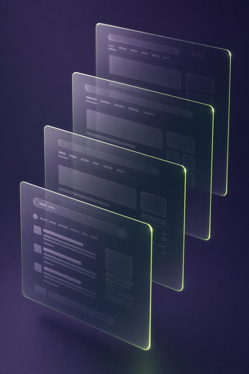 Layered semi-transparent glass panels suggesting stacked search result surfaces