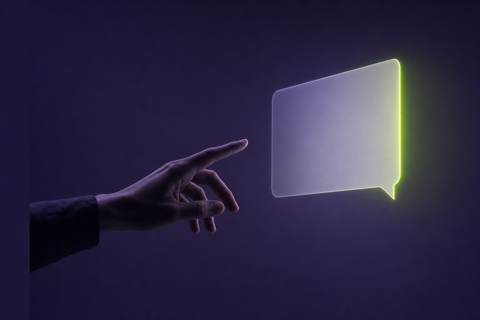 A human hand reaching toward a floating glowing AI response card on a purple background