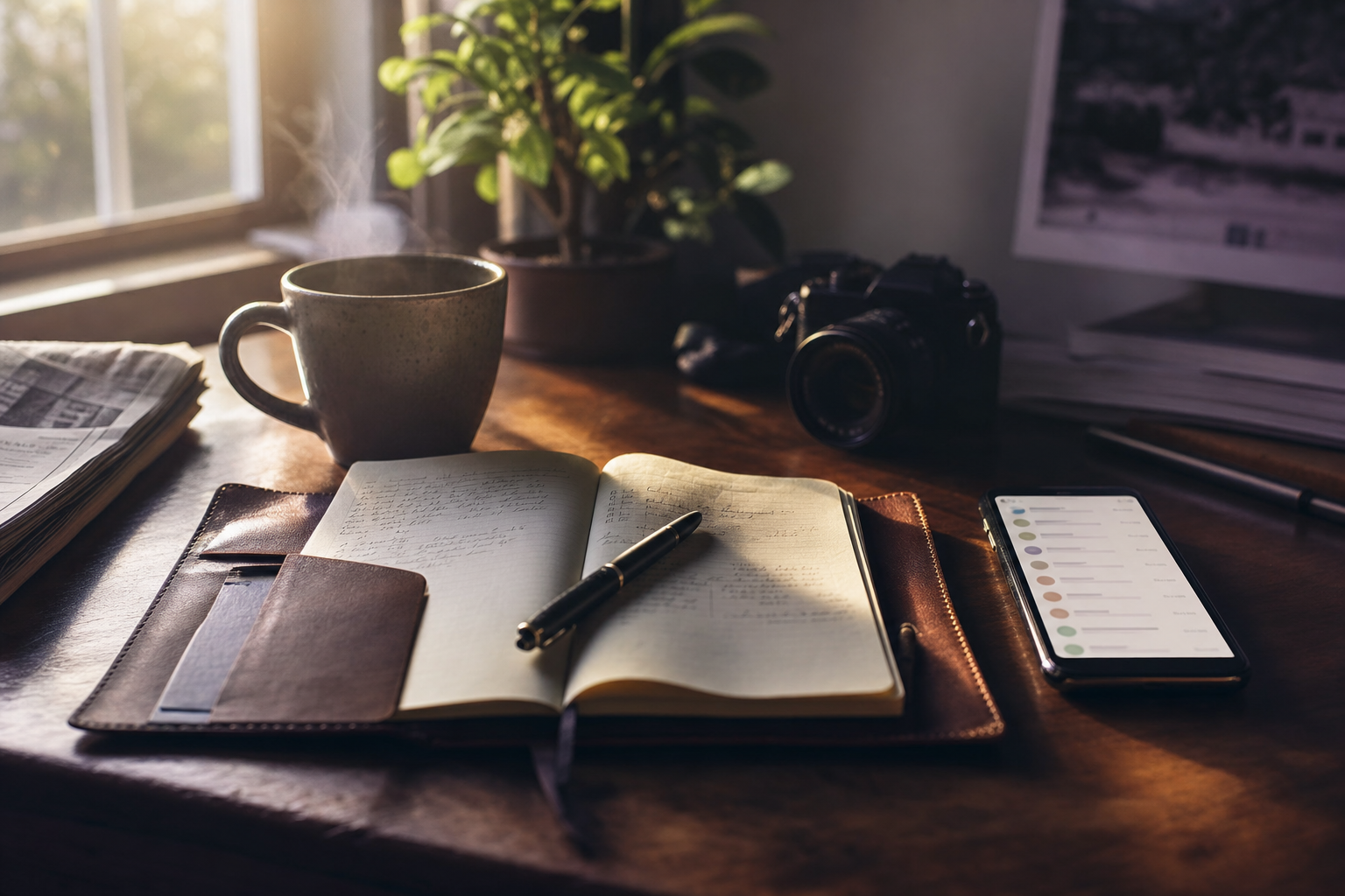 A journalist's workspace with coffee, notebook and phone, editorial photograph