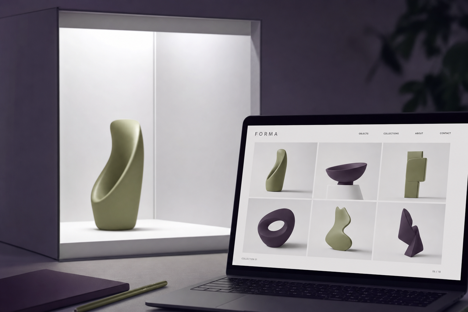 A minimal product lightbox with a laptop showing an abstract catalogue grid
