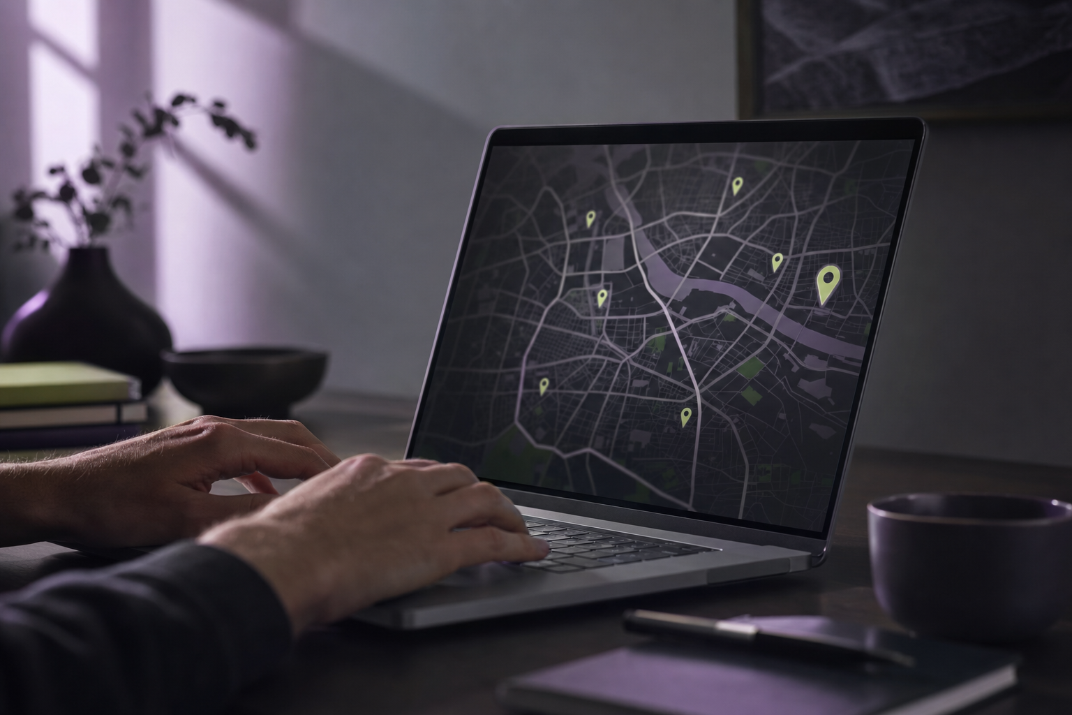 Hands typing on a laptop displaying a city map view, moody editorial photograph