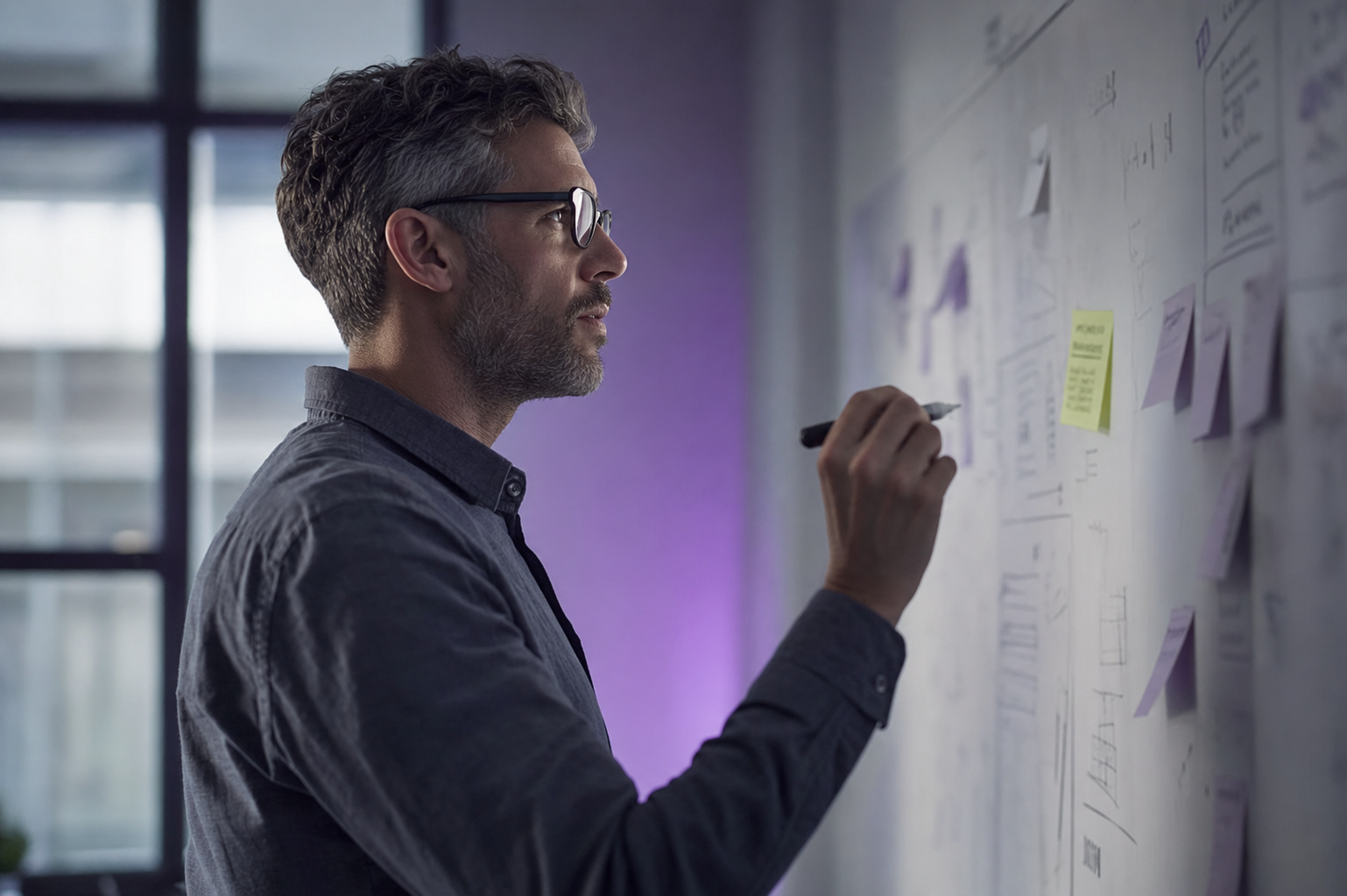 A strategist at a whiteboard in profile, editorial workspace photograph