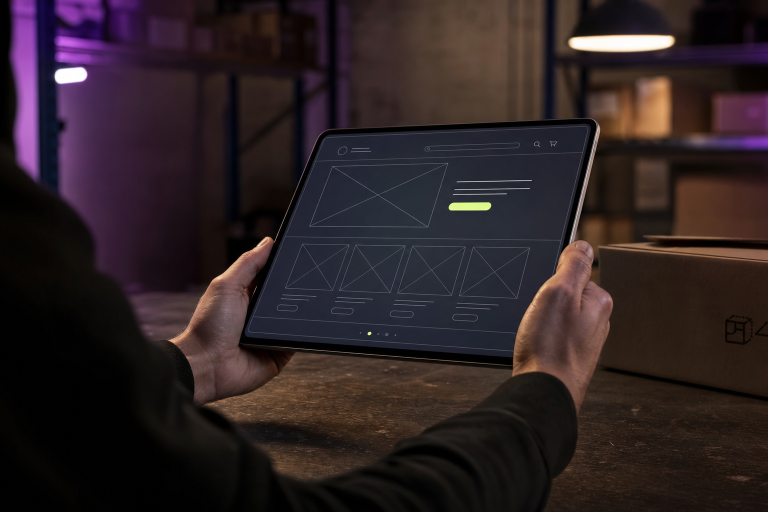 A tablet showing an abstract e-commerce wireframe held over a warehouse-style workbench