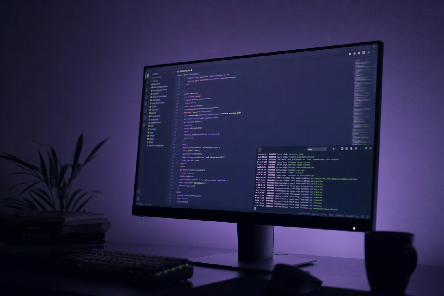A code editor and terminal on a large monitor with a purple wash, editorial workspace photograph